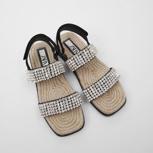 NWT Zara Size 8 Black Flat Embellished Sandal